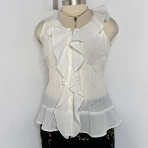 Sheer White Ruffle Pleated Sleeveless Button Blouse Coquette Romantic